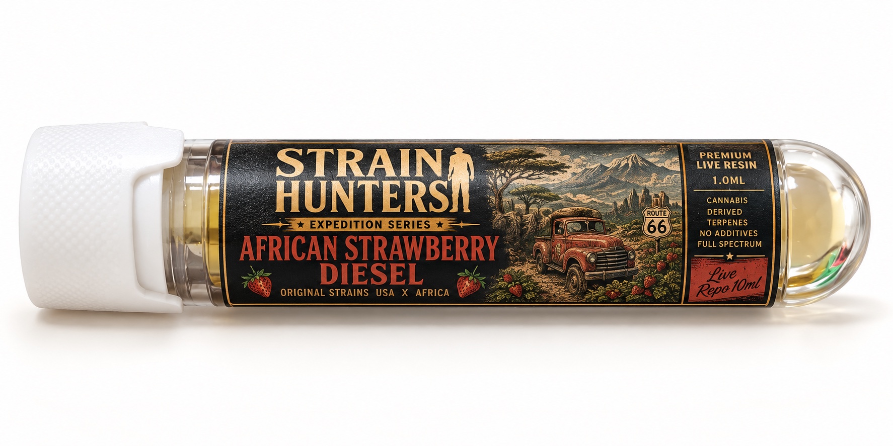 African Strawberry Diesel cartridge tube with horizontal label wrap