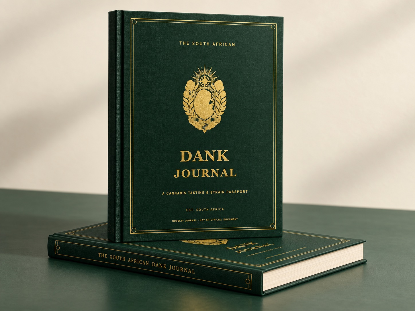 Two realistic South African Dank Journal product mockups showing the forest-green and gold cover